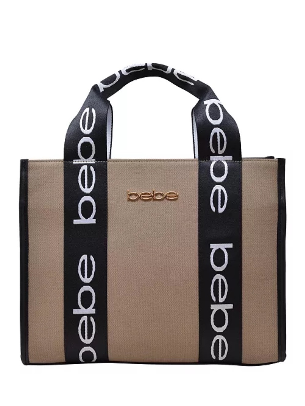 bebe Beige Canvas Tote with Black Logo Straps